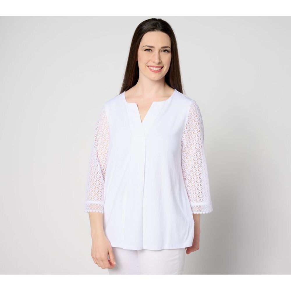 Isaac Mizrahi Live! Women's Top Sz S Split Neck Sleeve Pleat Detail White